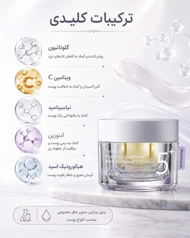 کرم گلوتاتیون نامبوزین روشن کننده قوی پوست Numbuzin No.5 Vitamin Glutathione Laser Cream 50ml 3